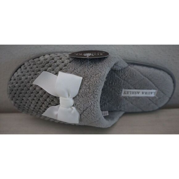 Laura Ashley Women's Sz Large (8-9) Gray Memory Foam Lounge Spa Slippers w/Bow - Picture 6 of 7